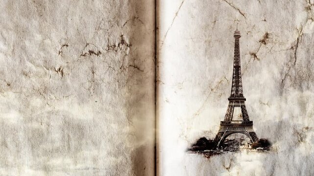 Eiffel Tower in Paris smoothly appears on old, grunge paper with time lapse of sky with clouds. Creative, combined 3D 4K parallax video of high quality. Template for a postcard or historical video.