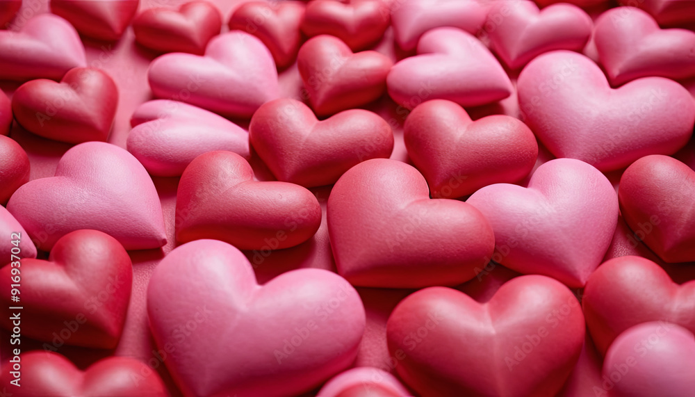 Poster a variety of red and pink heart shapes are arranged on a colorful surface, creating a cheerful and r