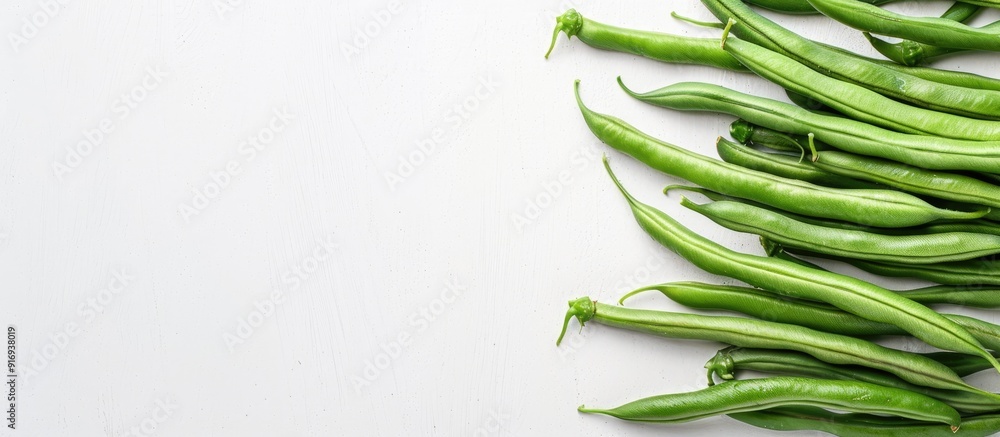 Poster green beans arranged neatly on a white backdrop, with a space for text or graphics included in the i
