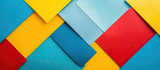 Vibrant geometric pattern flat lay composition with blue, yellow, red, and green hues on a banner background providing copy space image.