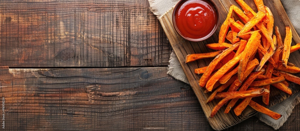 Poster top view of a board featuring delectable sweet potato fries with sauce on a rustic wooden table, wit