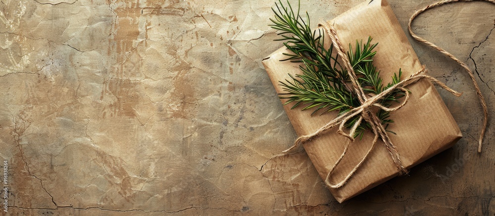 Aufkleber gift wrapped in craft paper and decorated with cypress branch on paper background with copy space im