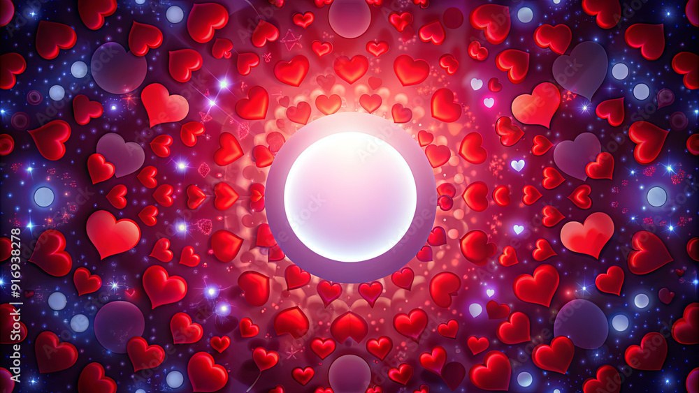 Poster a multitude of red hearts surrounds a glowing orb in a starry setting, creating a romantic and encha