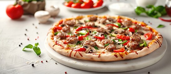 Italian homemade pizza with sausage, Mozzarella cheese, mushrooms, tomatoes, and pepper on a white...