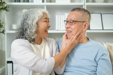 Affectionate elderly couple sharing a tender moment on a cozy sofa in a bright, modern living room. 