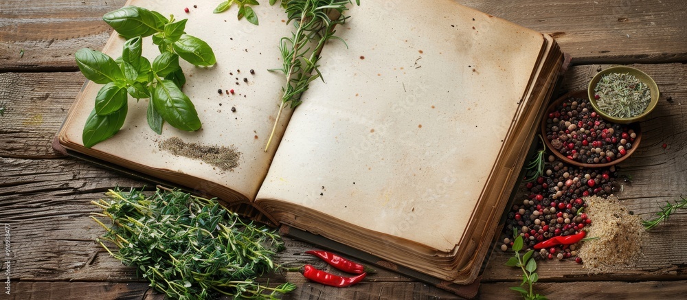 Poster recipe book displayed open on wooden surface with a variety of fresh herbs and spices, creating an i
