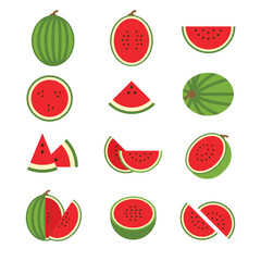 Set of red green Watermelon, Farm fresh Watermelon product emblem for grocery shop, Slides, long and cross sections, and different positions, simple flat vector illustration of vegetables and fruits.