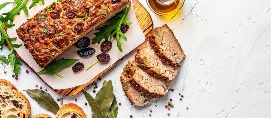 Pork meatloaf with prunes and mushrooms sliced on a cutting board with spices, bay leaves, arugula, and bread slices on a white backdrop, creating a captivating copy space image.