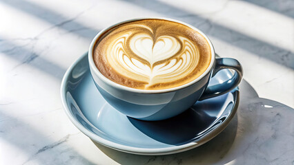 A latte with intricate heart-shaped foam art rests on a pastel saucer, illuminated by sunlight casting soft shadows