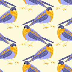Seamless vector pattern in a stylized 3D style featuring cute birds. Bright colors. The ornament is designed for children's textiles, clothing, bags, backpacks, and merchandise items.