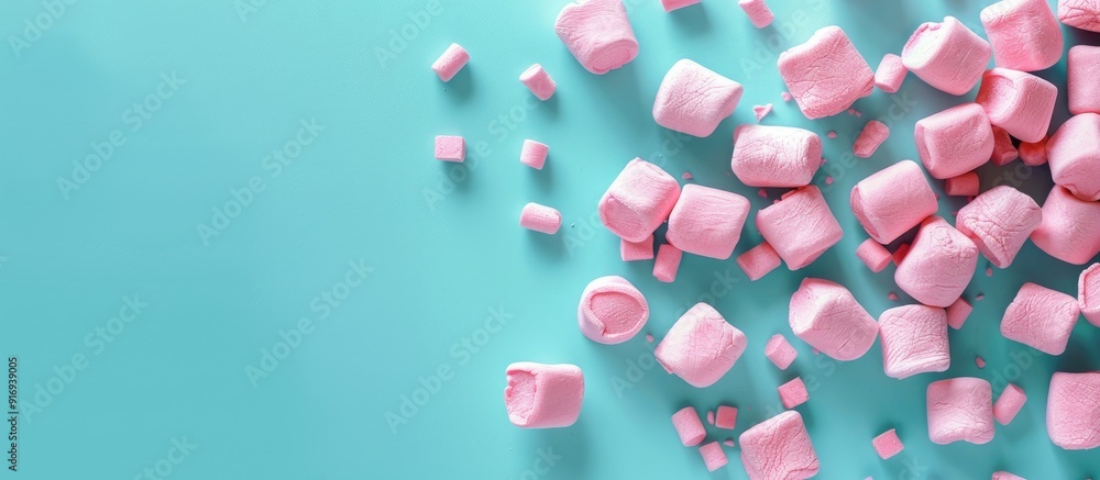 Aufkleber pink marshmallows artistically arranged on a blue paper background in a top view flat lay with copy 
