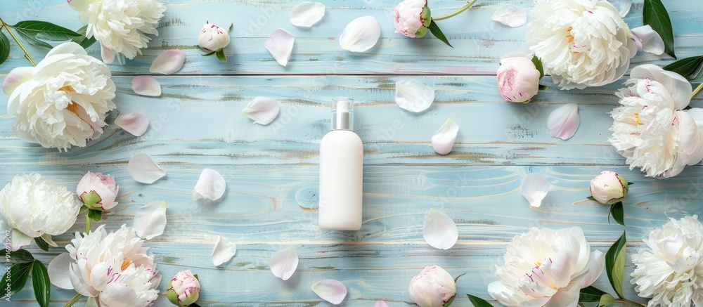 Poster top view of cosmetic bottles and peony flowers arranged on a wooden surface in a flat lay compositio