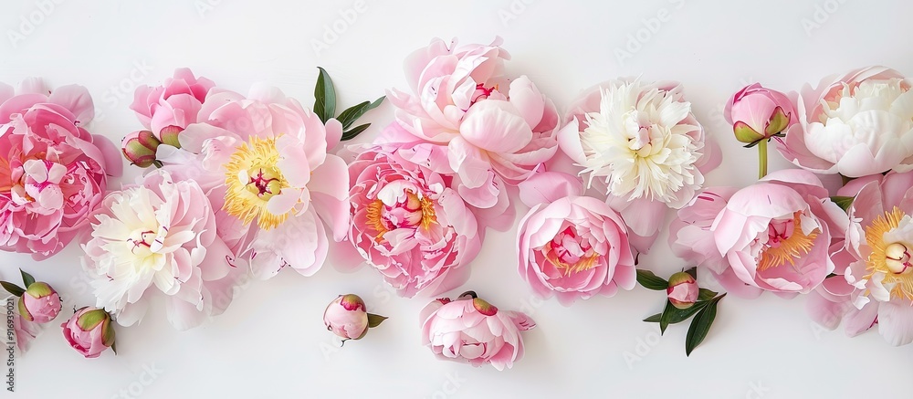 Poster light pink peonies are artfully arranged on a white backdrop in a flat lay composition from a top-do
