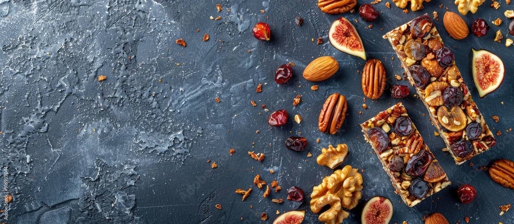 Poster raw fruit bar with dried fig, walnut, and date fruit, with a background suitable for adding text or 