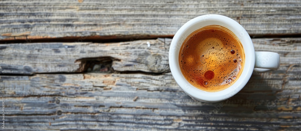 Poster fresh espresso in a cup on a rustic wooden surface with copy space image.
