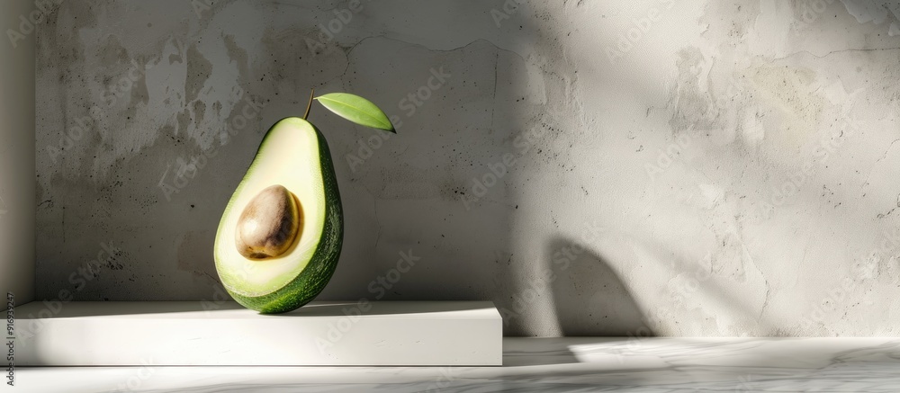 Poster half an avocado displayed in a simple setting with copy space image.