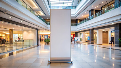 roll up mockup poster stand in an shopping center or mall environment as wide banner design with blank empty copy space area