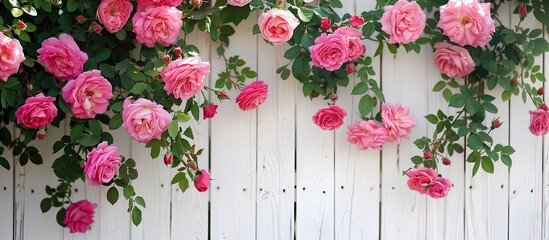 Fototapeta premium Wild pink rose bushes grow by a white fence wall in a garden, creating a floral background with copy space image.