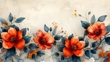 A beautiful wedding invitation template with watercolor flowers and leaves, framed by gold lines and a marble abstract background