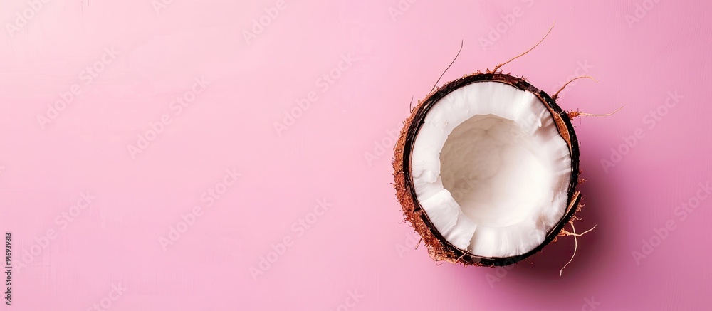 Poster top view of a fresh coconut half on a pink background with copy space image provided.