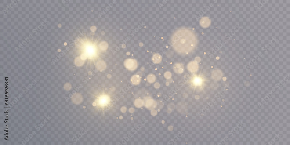 Aufkleber Glowing golden dust bokeh with reflections. Christmas glowing bokeh and glitter overlay texture for your design on transparent background. Golden particles abstract vector background PNG.