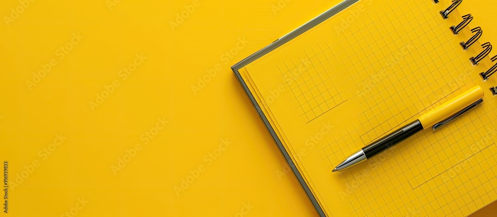 Poster top view of notebooks and a pen on a yellow background with spacious copy space image.