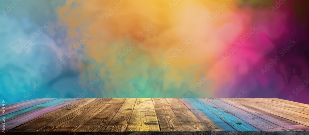 Aufkleber wooden table with no items on it, set against a colorful backdrop, ideal for design presentations wi