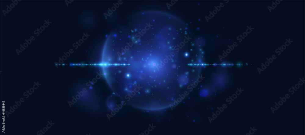 Poster abstract blue light rays png effect with glare and sparkles on dark background. vector 10 eps
