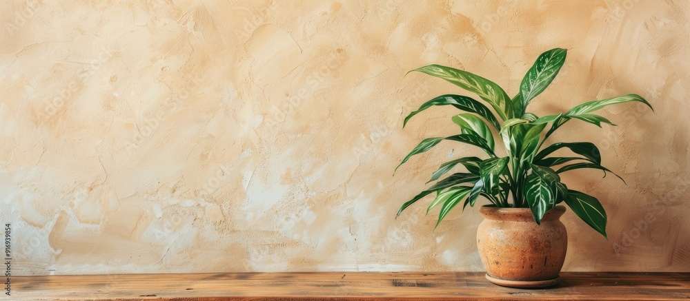 Poster houseplant displayed in a flowerpot on a table beside a wall, with empty space in the shot for futur