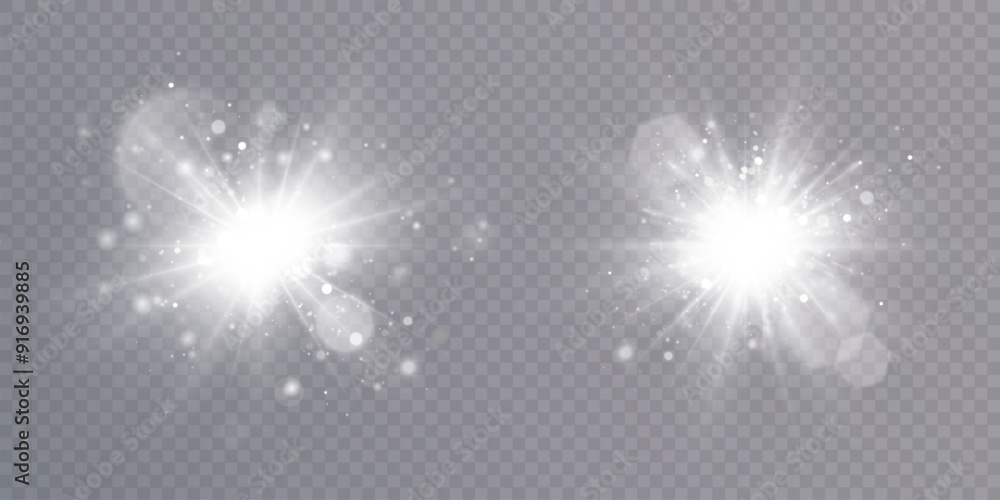 Poster set of bright lens flares. transparent shining sun, bright flash. vector sparkles of light on transp