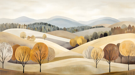 panoramic autumn landscape with a muted, neutral color palette calm river reflecting the tranquil atmosphere