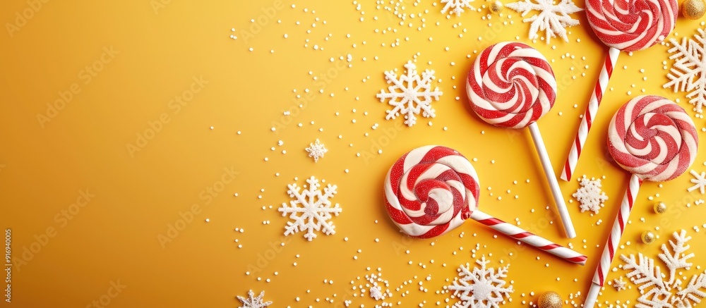 Poster minimal christmas snowflake pattern with lollipops and candy on a yellow pastel background, with a b
