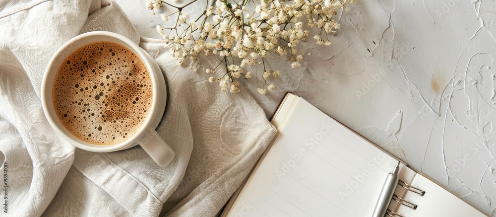 Aufkleber top view of a workspace set up with a cup of coffee, notebook, pen, and dried flowers, ideal for add