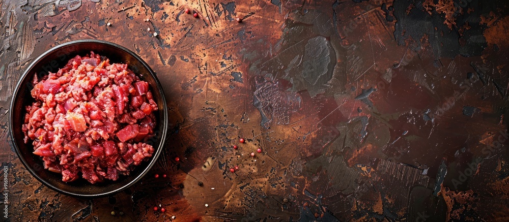 Poster top view of a delicious serving size of minced meat on a table with a rustic food background, perfec