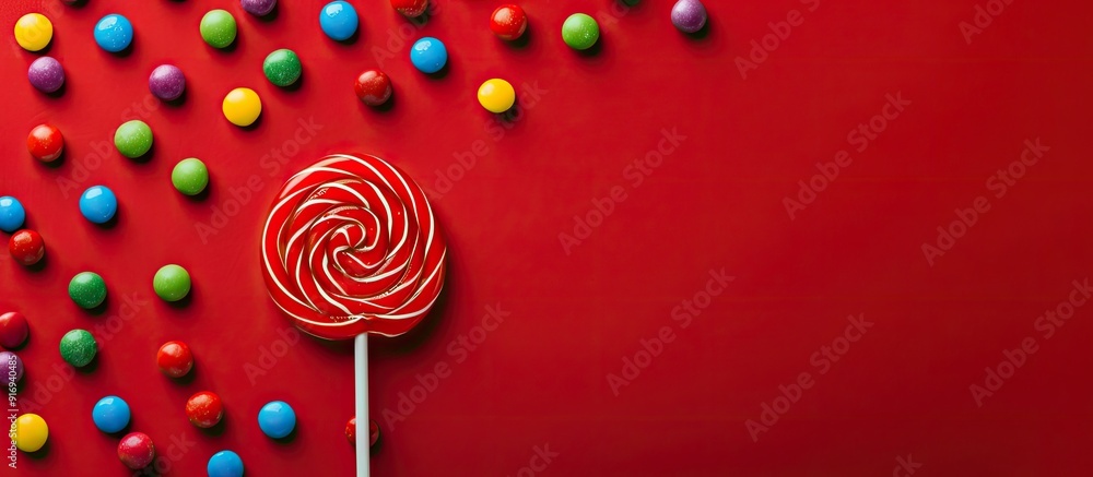 Poster top view of a lollipop surrounded by vibrant candies on a red background, offering a visually appeal