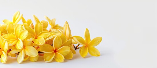 Obraz premium Yellow Ratchaphruek flowers isolated on a white background in font view with ample copy space image.