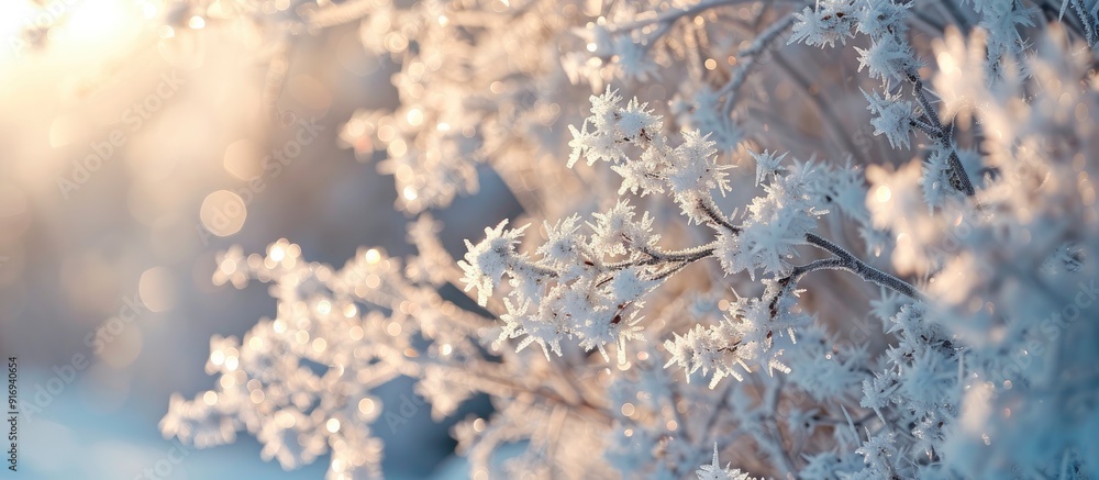 Aufkleber macro image captures hoarfrost on trees in winter forest, creating a beautiful winter background wit