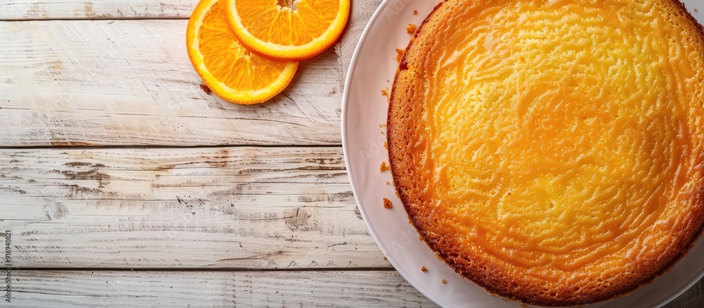 Poster top view of an orange cake placed on a light wooden surface with an orange slice, accompanied by an 