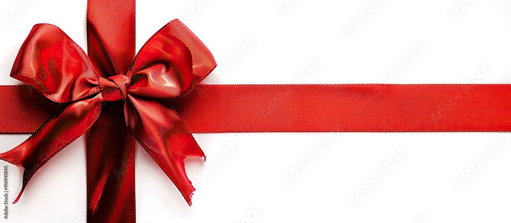 Poster horizontal ribbon with a gift bow on a satin ribbon, isolated on a white background with ample copy 