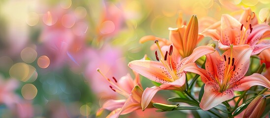 In autumn, vibrant pink and peach lilies bloom in a garden, featuring a close-up view with focused details and room for text or images. image with copy space