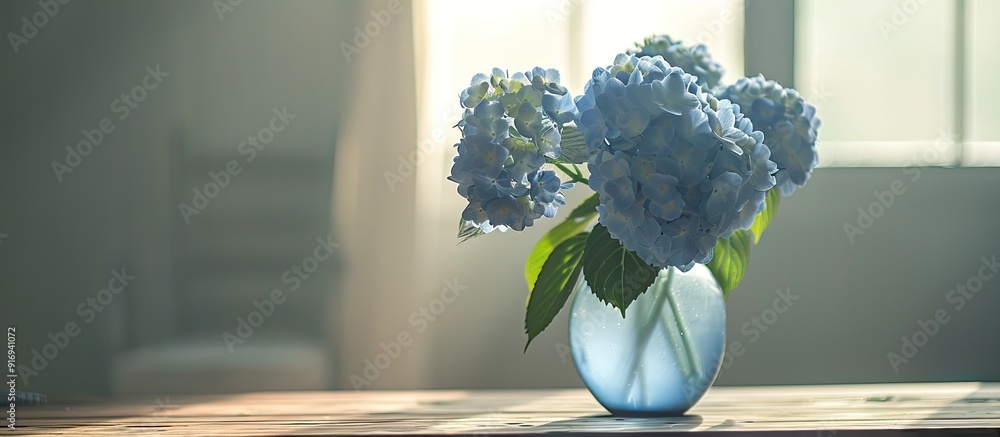 Poster hydrangea in a vase on a table with copy space image.