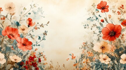 Vintage wildflowers in watercolor, featuring red and beige hues, border the left side of an empty canvas.