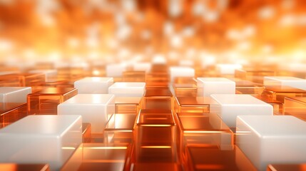 Obraz premium Abstract 3D Rendered Background with Orange and White Cubes, Glowing Geometric Shapes, Bokeh Effect, High Resolution Digital Technology Concept