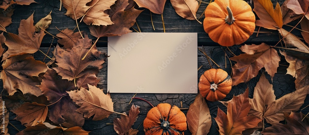 Poster top-down view of an autumn-themed setup featuring a blank paper, dried leaves, and a pumpkin on a ta