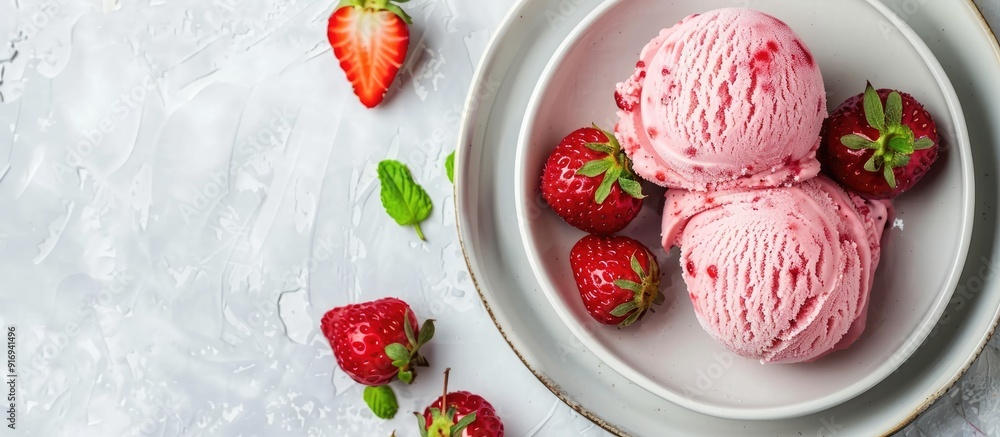 Poster top view of a delectable scoop of fresh strawberry ice cream on a plate in a natural setting with id