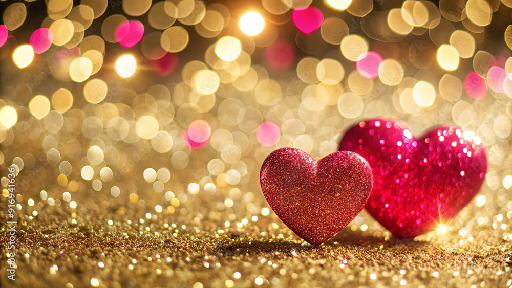 Poster two glittery hearts are positioned on a soft surface, surrounded by a warm golden glow and colorful 