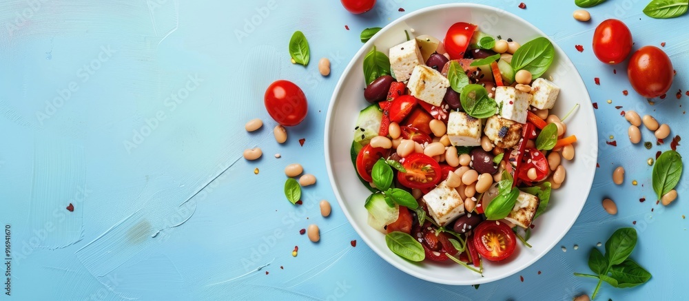 Poster top view of a blue backdrop with a tomato bean salad and tofu arrangement, offering ample copy space