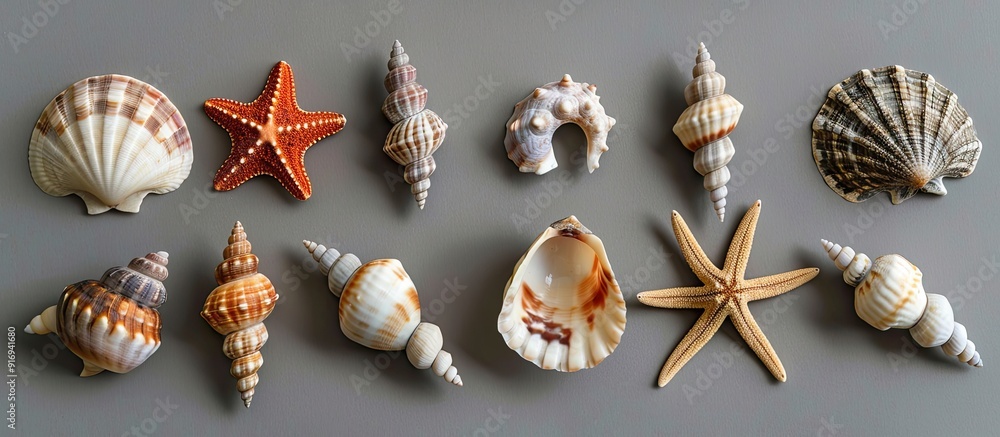Poster various sea shells displayed on a gray background in a top-down flat lay composition with ample copy
