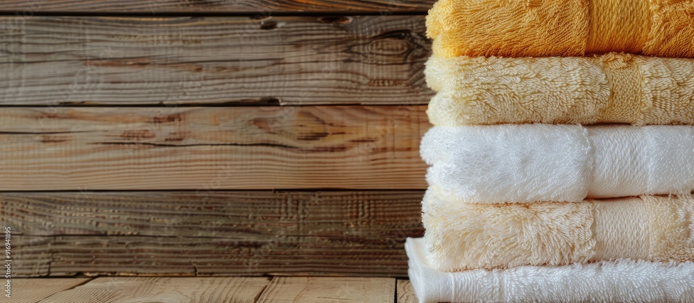 Poster house cleaning concept with neatly folded towels displayed on a wooden background with copy space im