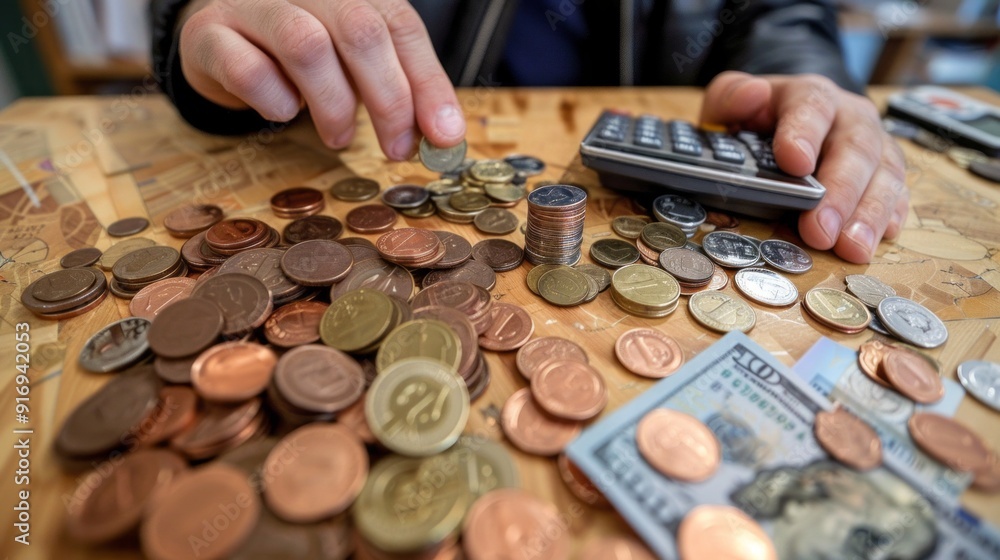 Poster a person is counting coins and bills on a table